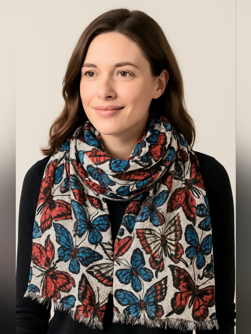 Butterfly Motif Lightweight Cotton Scarf With Raw Edge 72"×36" Whimsigoth Fairy
